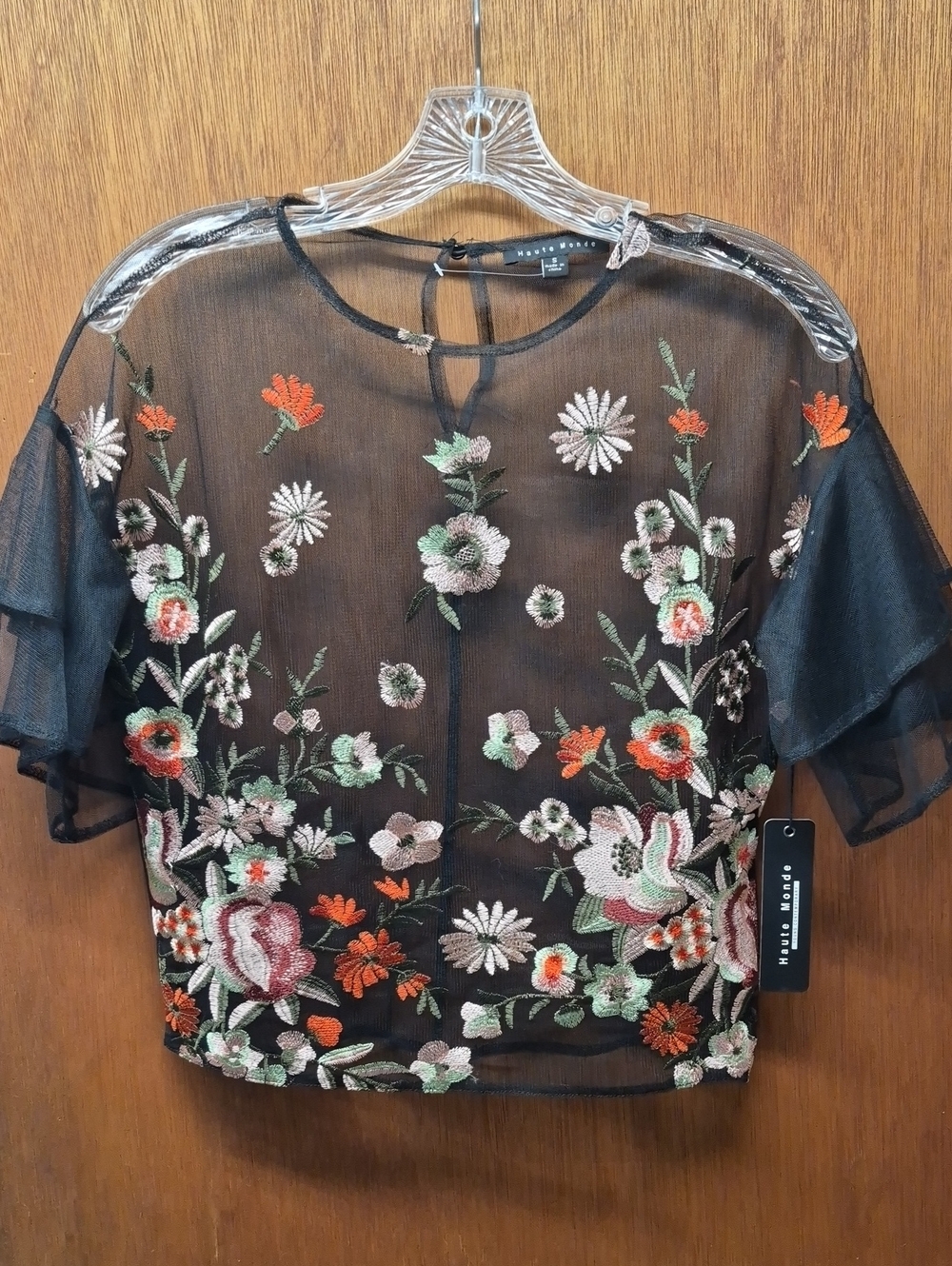 HAUTE MONDE Sheer Mesh Floral Embroidered Lace Top NWT Black Small